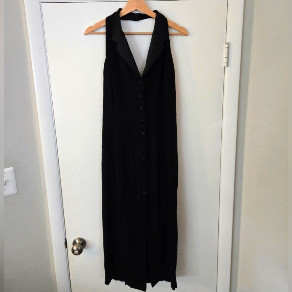 Betsey Johnson Luxe Vintage Tuxedo Collar Halter Black Dress